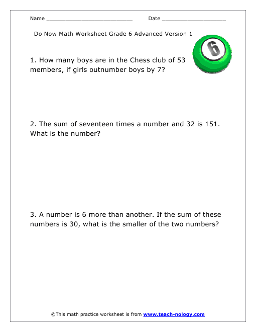 Do Now Math Grade 6 Advanced Version 1