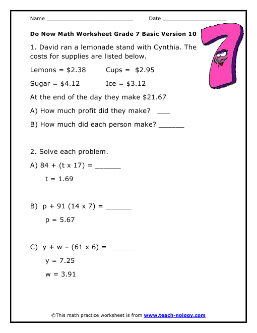 Do Now Math Grade 7 Basic Version 10