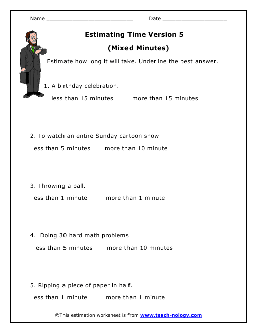 Estimating Time Version 5 (Mixed Minutes) Worksheet