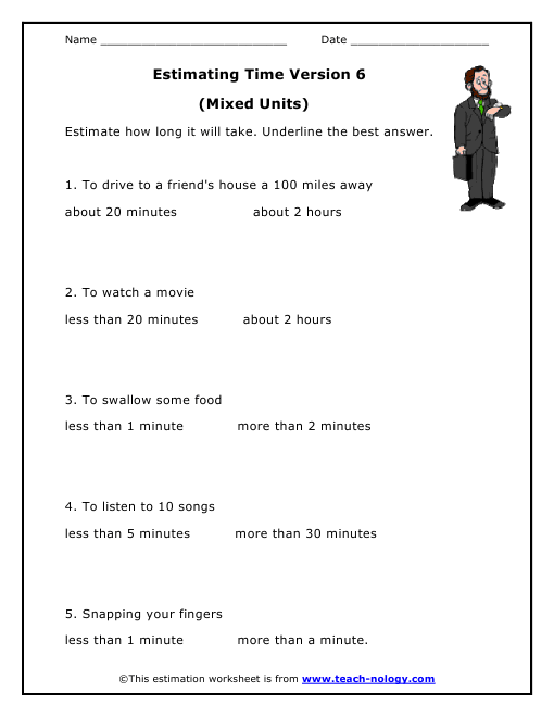 Estimating Time Version 6 (Mixed Minutes) Worksheet