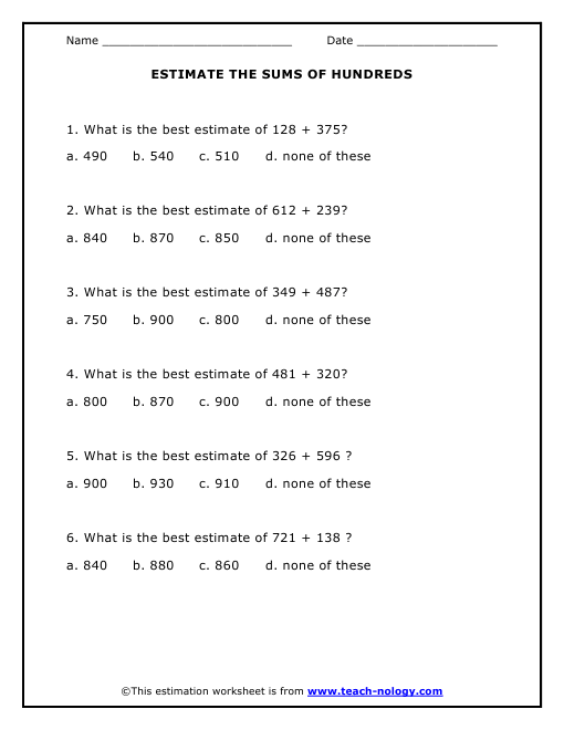 Estimate The Sums of Hundreds Worksheet