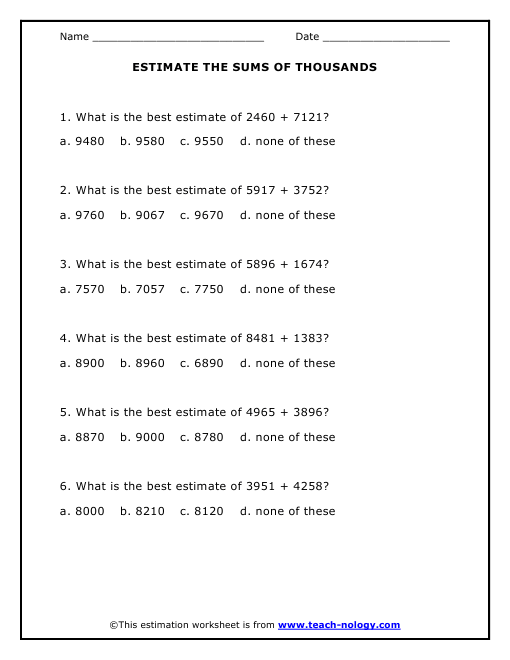 Estimate The Sums of Thousands Worksheet