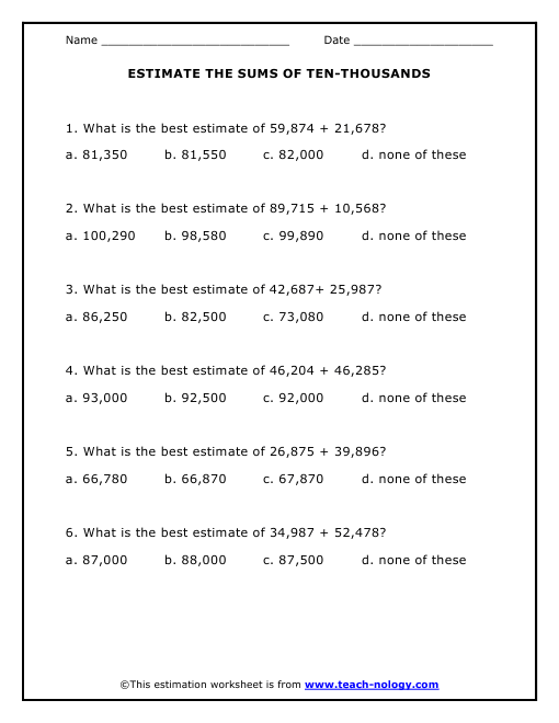 Estimate The Sums of Ten-Thousands Worksheet