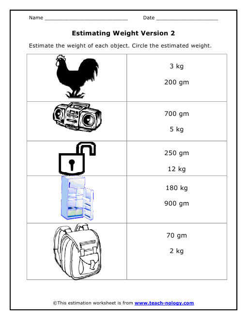 Estimating Weight Version 2 Worksheet