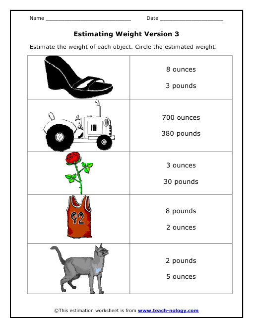 Estimating Weight Version 3 Worksheet