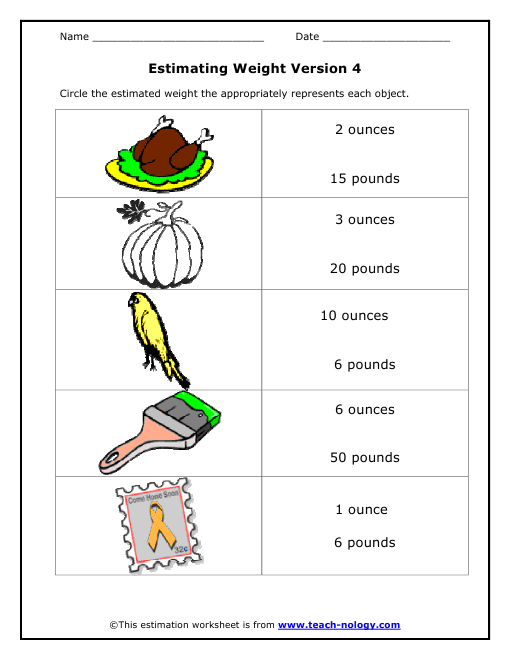 Estimating Weight Version 4 Worksheet