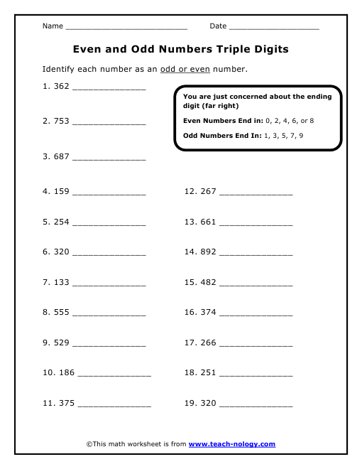 3 Digit Odd And Even Numbers Worksheet