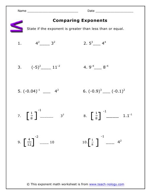 Exponential Numbers Worksheet