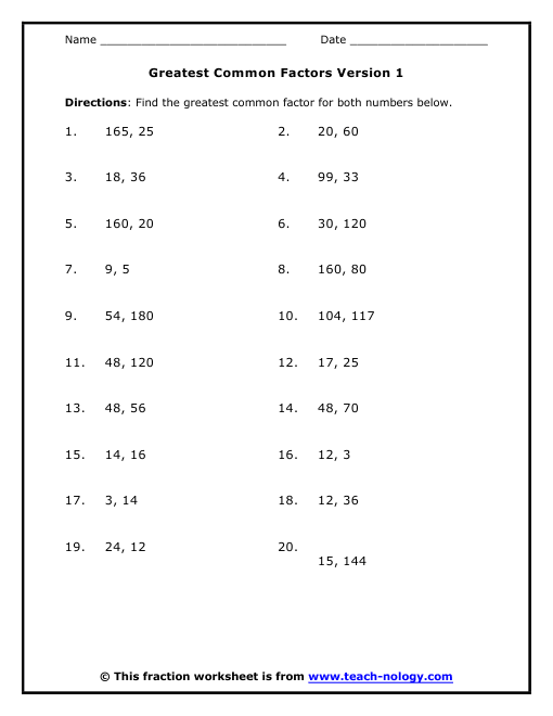 Greatest Common Numbers Multipler Worksheet
