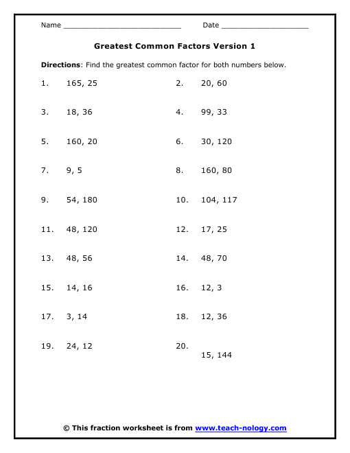 Greatest Common Factors Version 1