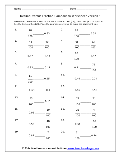 Comparing Whole Numbers Fractions And Decimals Worksheets