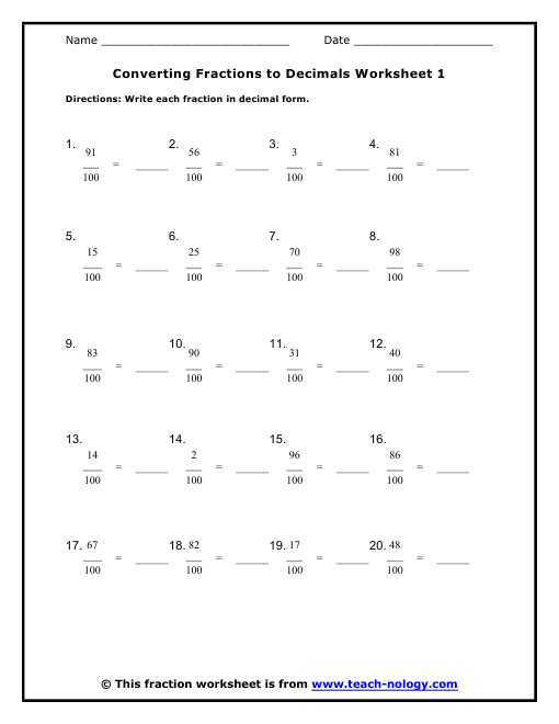 Converting Fractions to Decimals Worksheet 1