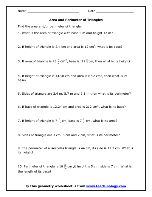 area of a triangle worksheets