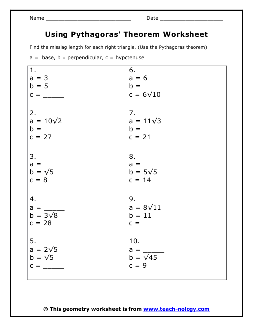 Printables Pythagorean Theorem Worksheet using pythagoras theorem worksheet click to print