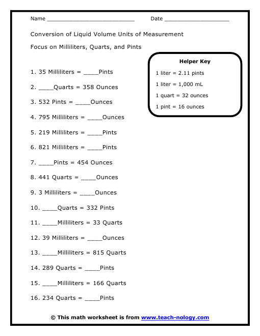 Metric Liquid Measurements Chart