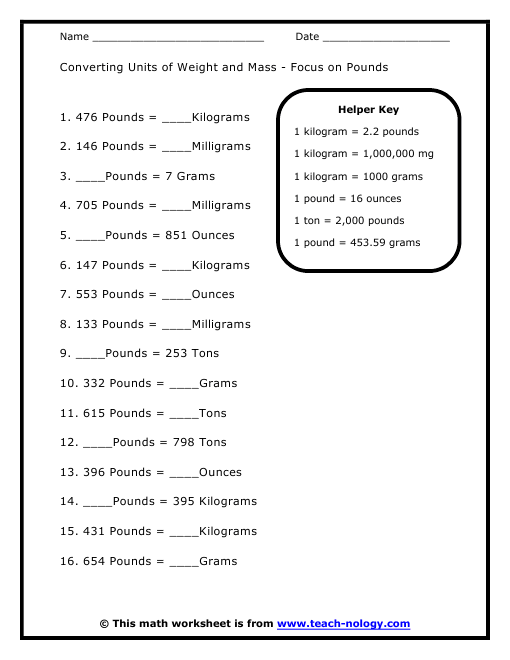 Converting Units of Weight and Mass - Focus on Pounds