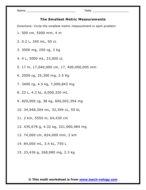 Worksheets Metric Measurement Worksheet smallest metric measurements click to print