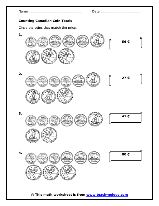 counting canadian money worksheets free