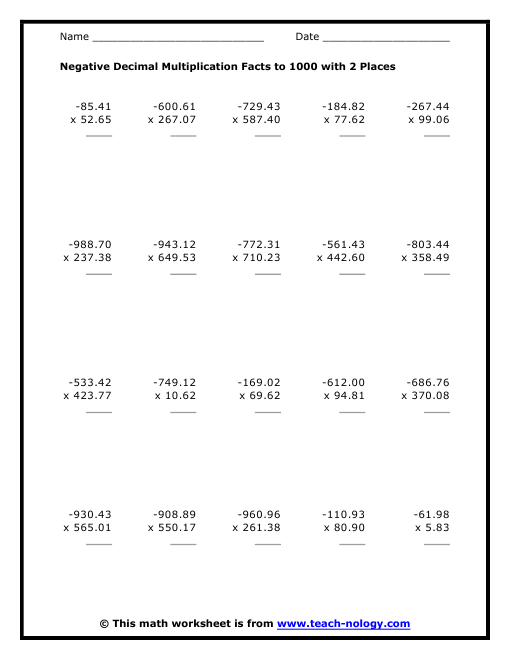 Negative Decimal Multiplication Facts to 1000