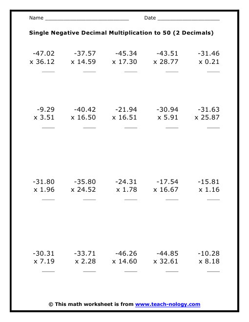 Printables Decimal Multiplication Worksheets single negative decimal multiplication to 50 2 places bookmark it email print become a member sheets worksheets