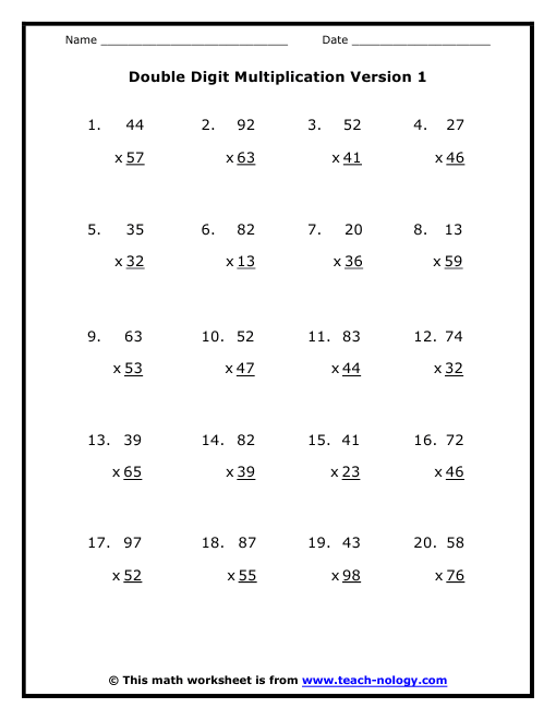 Multiplication Double Digit Worksheets