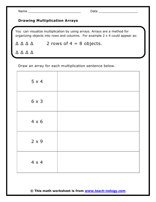 Drawing Arrays Multiplication Worksheets