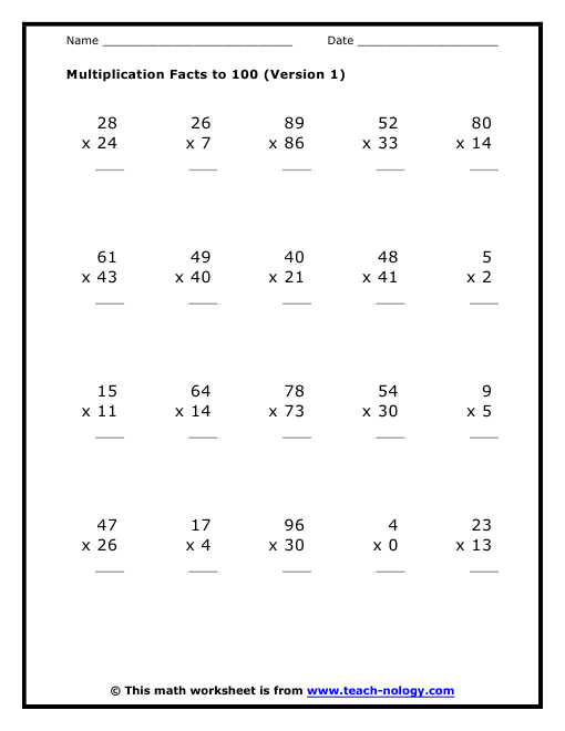 Multiplication Facts To 100