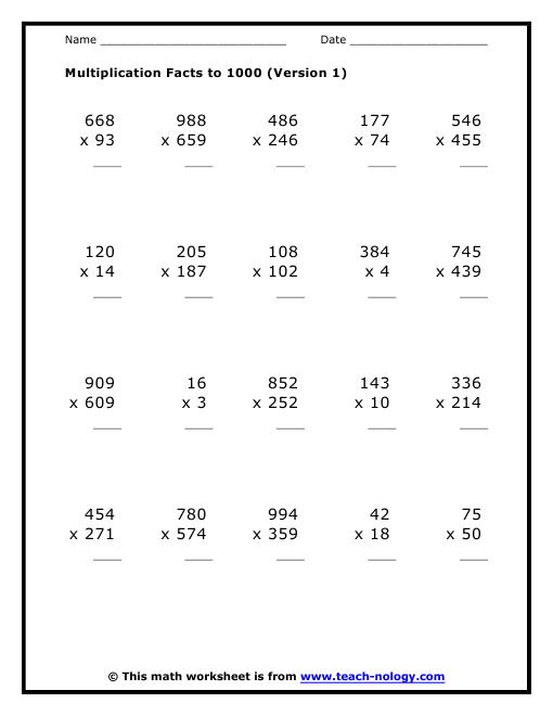  Multiplication Facts To 1000 Worksheet Ideas