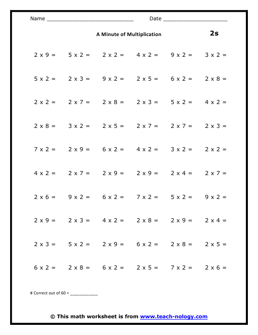 Multiplication Worksheets Printable 2s