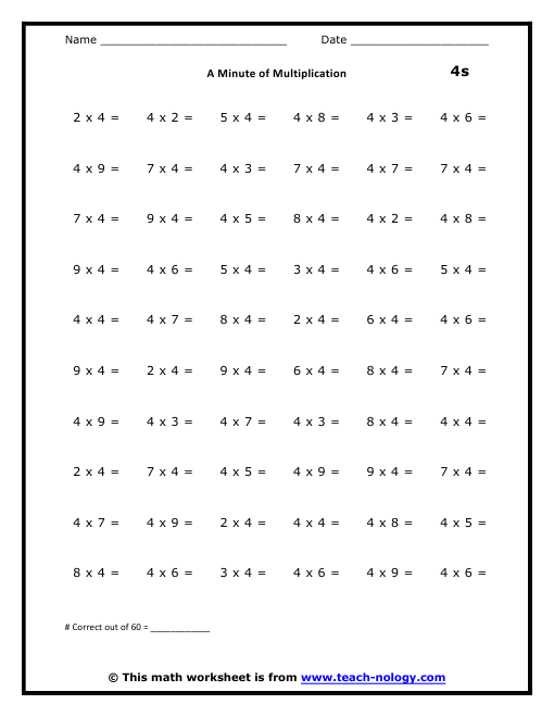 Multiplication Timed Test Printable 4s