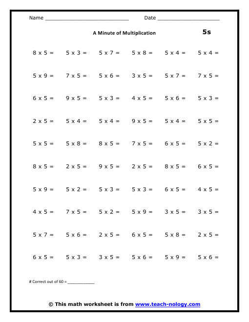 Multiplication By 5s Worksheets