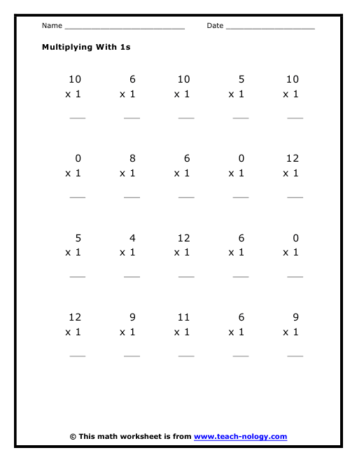 Multiplication by Ones Worksheet