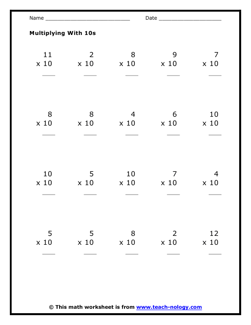 Worksheet Practice Multiplication By 10
