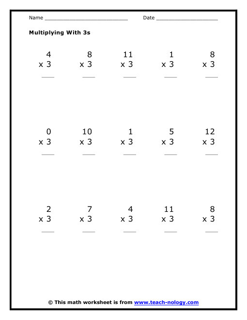 Multiplication by Threes Worksheet