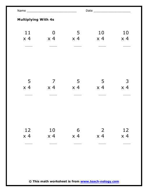 Multiplication by Fours Worksheet