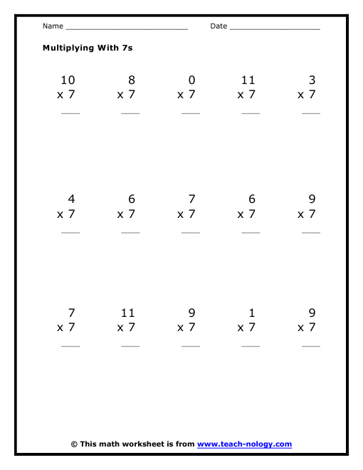 Multiplication by Sevens Worksheet