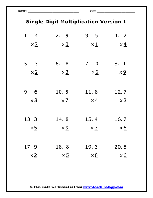 Multiply Single Digit Numbers Worksheet