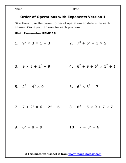 Order Of Operations With Exponents And Negative Numbers Worksheet