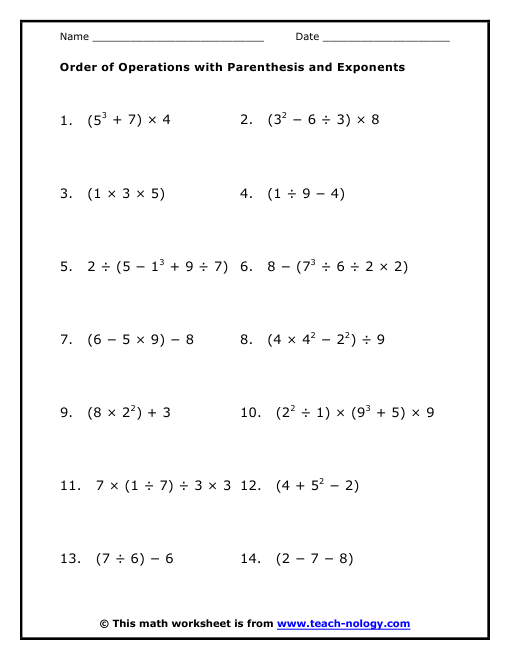 Order of Operations with Parenthesis and Exponents