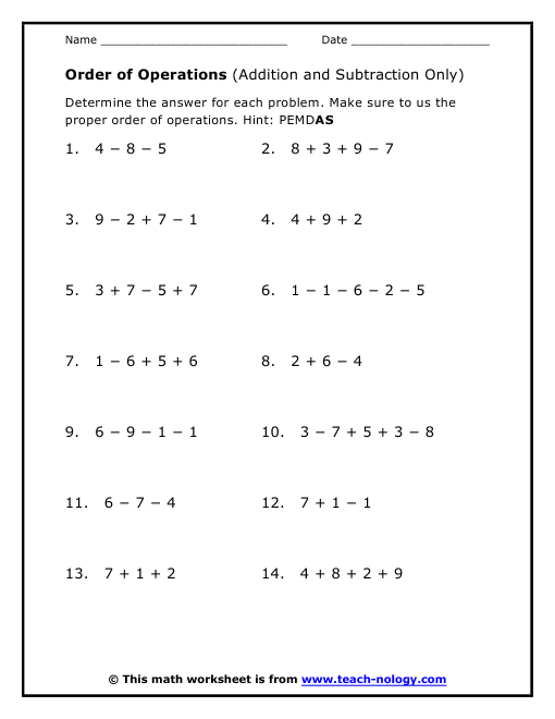 Order Of Operations Addition Subtraction Multiplication Worksheets