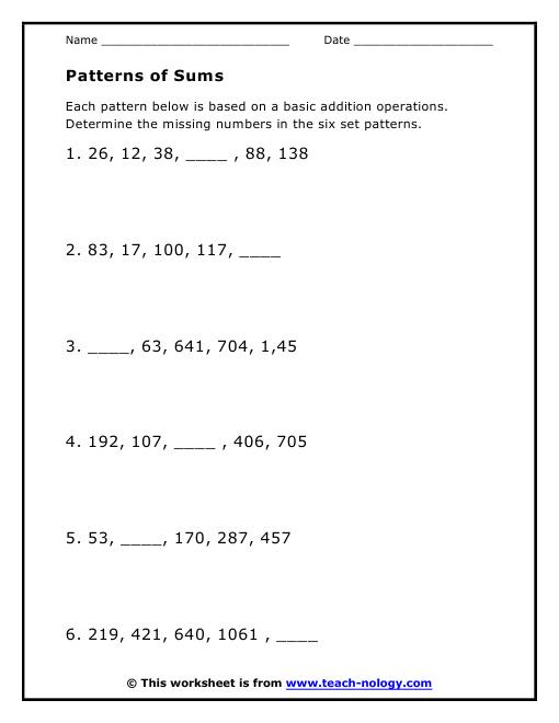 pattern sums for class 4 with answers