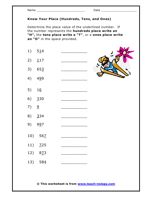 Printables Ones Tens Hundreds Worksheets know your place hundreds tens and ones click to print