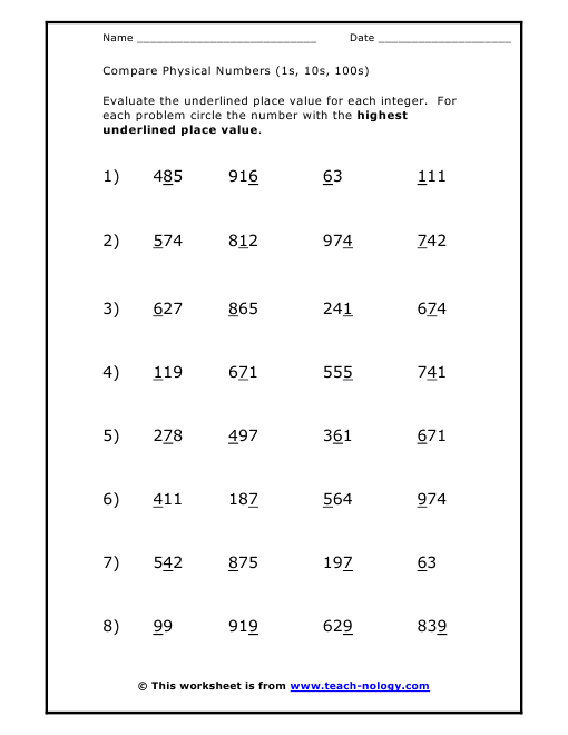 Compare Physical Numbers 1s 10s 100s 