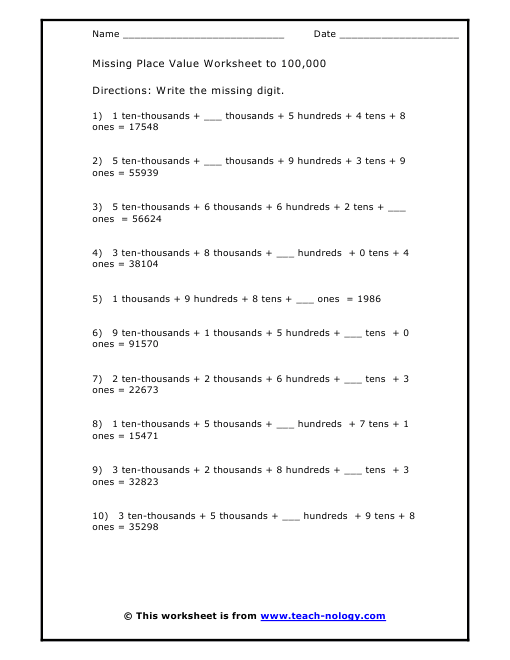 Missing Place Value Worksheet to 100,000