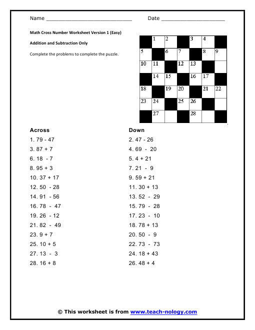 Math Cross Number Worksheet Addition And Subtraction 