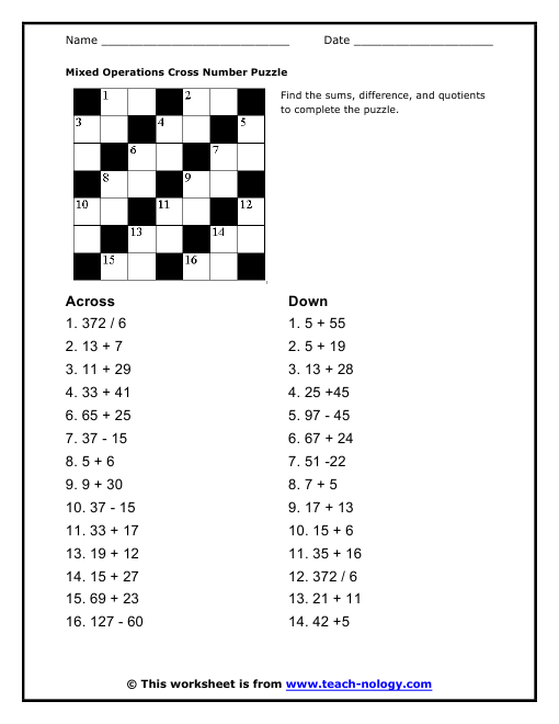 Mixed Operations Cross Number Puzzle