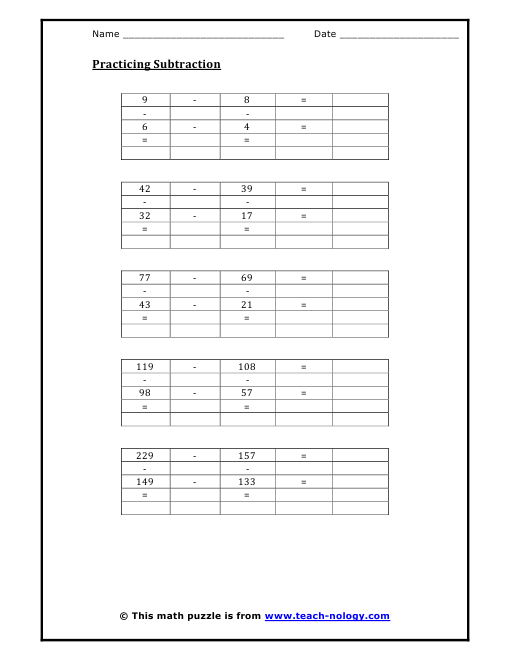 Practicing Subtraction Puzzle