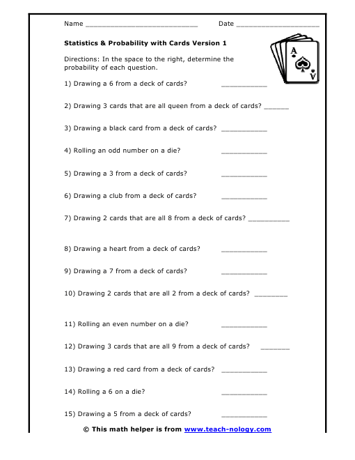 Printables Probability Worksheet statistics and probability with cards click to print