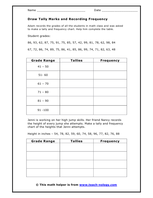Frequency Table Worksheets And Tally Marks on tally table worksheet
