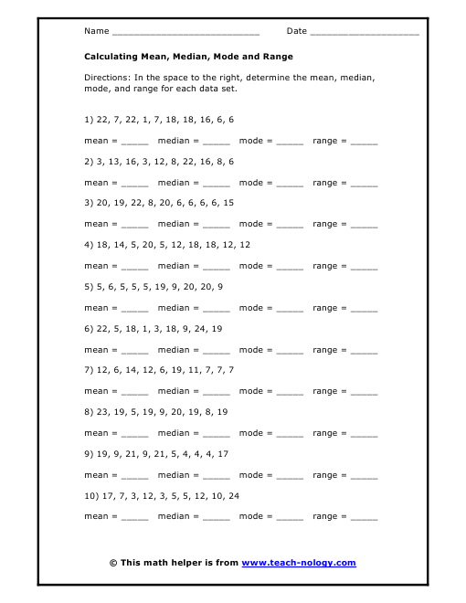 mean median mode worksheets 7th grade